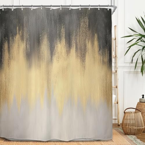 Miyotaa Abstract Gray Gold Modern Shower Curtain Set 60Wx71H Inches Contemporary Minimalist Neutral Art Waterproof Bathroom Curtain with 12 Hooks - color: Gray Gold, size: 60"W x 71"L (Pack of 1)