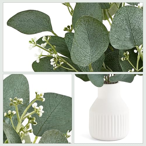 Dahey Artificial Eucalyptus Stems in Small Ceramic Vase Centerpiece Table Decorations Modern Farmhouse Decor Fake Eucalyptus Plants with Vase for Bathroom Kitchen Shelf Living Room Home Decor, White - color: White, size: Small