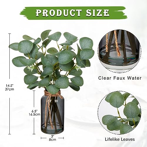 Briful Artificial Eucalyptus Stems in Black Glass Vase with Faux Water, 14" Fake Plant Eucalyptus Leaves for Home Office Farmhouse Wedding Centerpiece Décor - color: Black