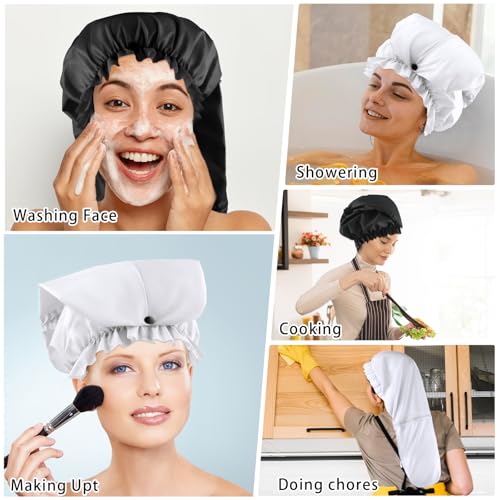 2 Pcs Large Shower Cap for Braids, Extra Long Shower Cap for Women Long Hair & Locs, Waterproof Hair Bonnets for Dreadlocks Drawstring Bath Caps for Women & Men (Black, White) - color: Black ,White