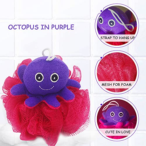 (4 Pack) Lovely Animal Design Kids Exfoliating Bath Scrubber Body Scrubber Shower Ball for Baby Toddler Kids Gentle Exfoliating Bath Sponge Loofah Pouf in Colorful Design - style: happy MARINE