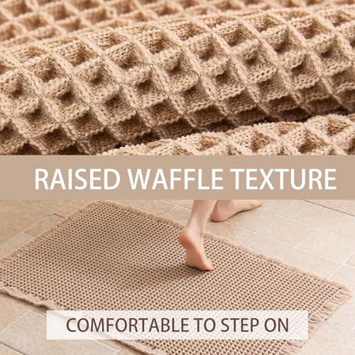 Waffle Bath Mat Non Slip, Boho Bathroom Rug, Super Absorbent Quick Dry Bathroom Mat, Soft Farmhouse Bath Rug with Tassels, Small Washable Shower Mats for Floor 20"x32", Brown - color: Brown, size: 1'8" x 2'8" (Rectangular)