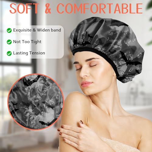 Luxury Shower Cap Terry Lined Reusable Triple Layer Waterproof Hair Elastic Caps Shower Bath Hat for Women Girls Cute Aesthetic-Black Bat - color: AL12-Black Bat