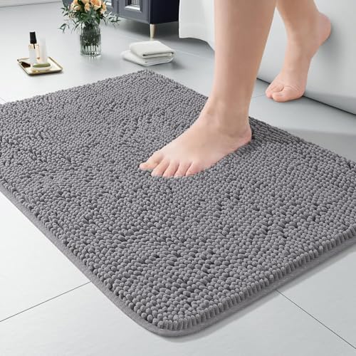 LOCHAS Luxury Bathroom Rug Shaggy Bath Mat 20 x 30 Inch, Washable Non Slip Bath Rugs for Bathroom Shower, Soft Plush Chenille Absorbent Carpets Mats, Gray - color: Grey, size: 1'8" X 2'6" (20''x30'')