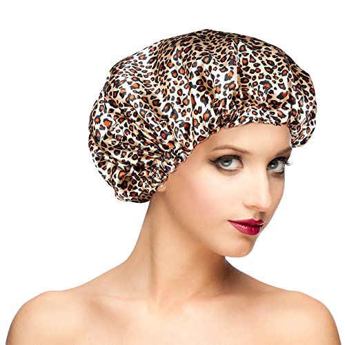 Shower Cap for Women, Oversized Waterproof Women Shower Caps, Extra Large Shower Cap Designed for all Hair Lengths with PEVA Lining & Adjustable Elastic Band Stretch Hair Cap for Shower - color: leopard print, size: X-Large