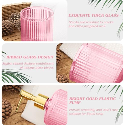 Pink Glass Bathroom Accessories Set 5 Piece, Vintage Ribbed Soap Dispenser, Toothbrush Holder, Tumbler, Qtip Jars, Cute Aesthetic Vanity Organizer for Home, Restroom Countertop Decor - color: Pink, size: 5 Pieces