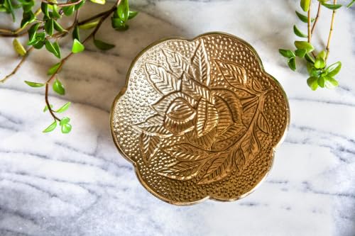 Brass Jewelry Bowl – Gold Color Circular Small Round Spoon Rest Soap Dish Candle Holder - Perfect Catchall Tray for Candles, Jewelry, Rings, and Trinkets (Gold with Embossed Rose Design) - color: Gold With Embossed Rose Design