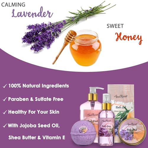 Aqua Elegante Bath Spa Gift Set - 15 Piece Premium Basket with Wash, Bubble Bath, Lotion, Salts, Body Scrub, Towel, Shower Puff, Bathbombs, Reusable Basket, Gifts for Women - Honey & Lavender - size: 15 Piece Set (Reusable Basket)