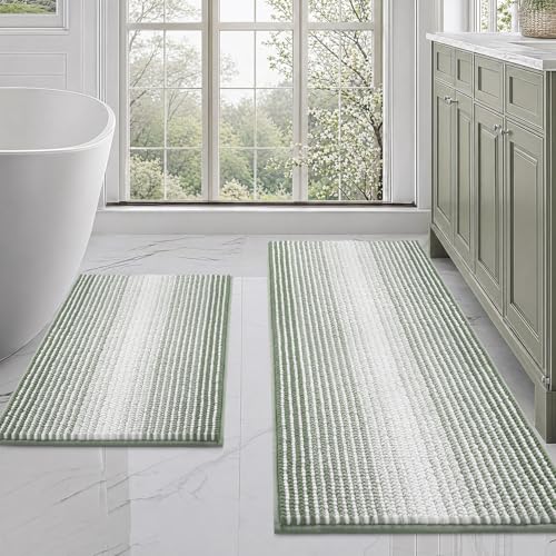 BSICPRO Bathroom Rugs and Mats Sets, 2 Piece Thick Absorbent Chenille Bath Mat Rug Set Non Slip, Soft Bath Room Floor Mats for Bathroom, Machine Washable (20" x 47" Plus 16" x 24",Greyish Green) - color: Greyish Green, size: 20" x 47" Plus 16" x 24"
