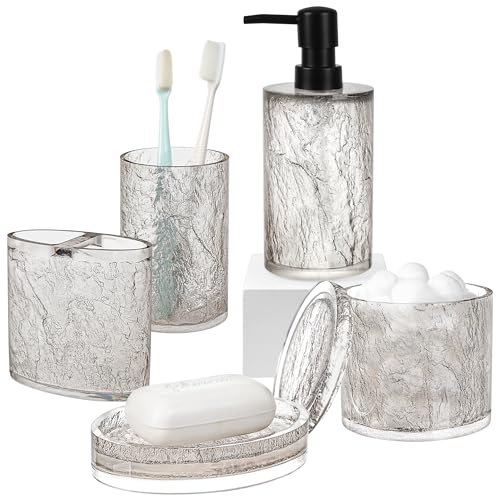 RQYIXI 5 PCS Resin Bathroom Accessories Set, Silver-Grey, Minimalist Luxury | Elegance Shatterproof Bathroom Set Includes: Soap Dispenser, Toothbrush Holder, Tumbler, Soap Dish, Cotton Swab Jar - size: 5pcs