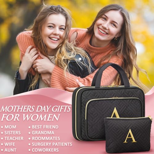 Gifts for Women, Initial Toiletry Makeup Bag Hanging Cosmetic Organizer with Embroidery Letter Personalized Nurse Teacher Appreciation Birthday Mothers Day Gifts for Mom Sister Wife Friends Auntie Her - style: A