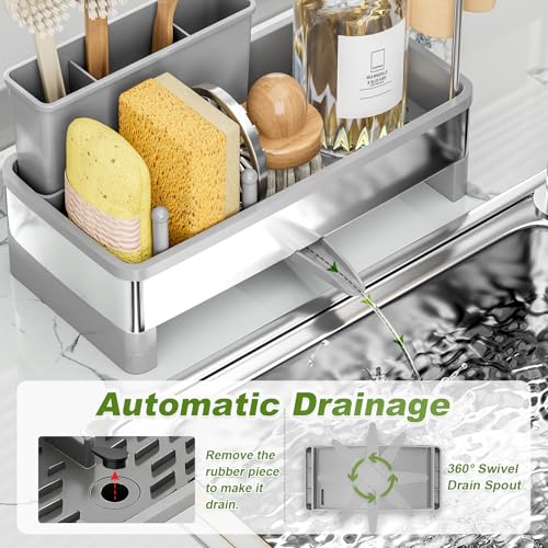 Ewaiira Stainless Steel Sink Caddy, Sponge Holder for Kitchen Sink with Brush Holder Dishcloth Rack, Rustproof Sink Organizer Countertop, Soap Dispenser Kitchen Organizers Storage Essentials, Gray9.8″ - color: C-gray