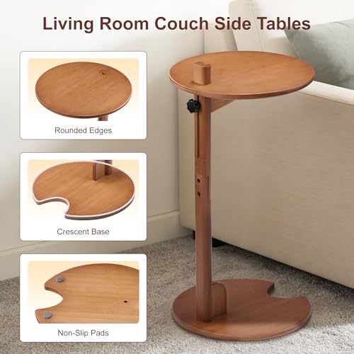 Bamboo C Shaped Side End Table 18–26" Height Adjustable for Sofa | Round Slide Under Couch TV & Snack Tray, Mid Century Modern Laptop Desk for Small Spaces Living Room Bedroom Bedside - color: Walnut