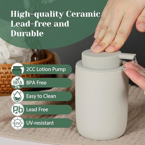 INGOFIN Ceramic Lotion Soap Dispenser Set, 2 Pack (12 oz) Bathroom Hand Soap Dispenser with Pump, Liquid Hand and Dish Soap Dispenser Set, 8 Pcs Clear Stickers,for Kitchen, Bathroom- Grey - color: Grey-liquid