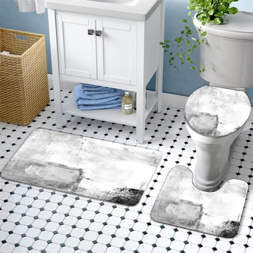 Lnond 4Pcs Bathroom Shower Curtain Sets with Rugs,White Black Painting Art Bathroom Sets with Shower Curtain and Rugs and Accessories - color: Grey White Black Abstract-01