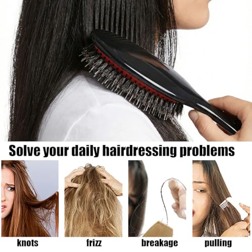 Boar Bristle Hair Brush for Women Men Painless Detangling Paddle Brush for Curly Fine Tangled Hair, Anti-frizz Boar Nylon Bristle Cushioned Brush, Includes Cleaning Tool