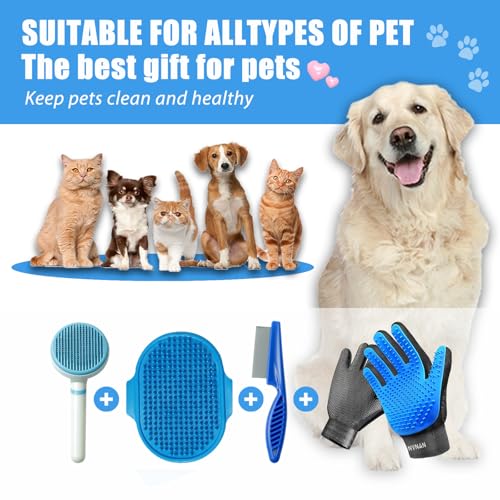 NVNAN 5-Piece Dog Grooming Brush Set with Grooming Gloves | Includes deshedding comb, shampoo brush, and pet hair removal tools for shedding, bathing, and brushing - color: Blue-4
