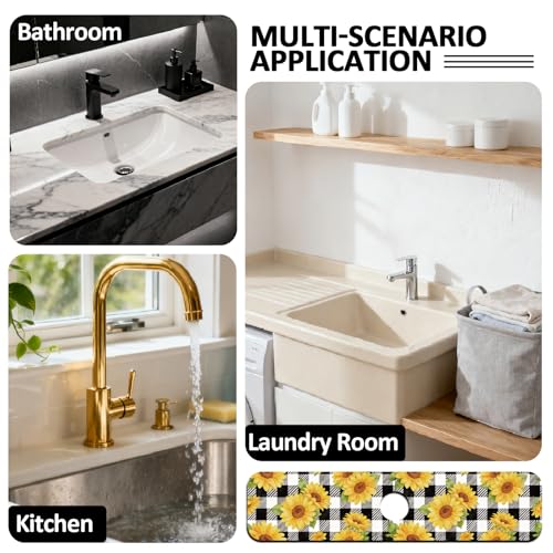 2 Pcs Kitchen Sink Splash Guard Faucet Mat Sunflower Plaid Pattern Faucet Mat for Sinks Plant Absorbing Drying Mats for Kitchen Bathroom, 23.6x5.5inch - color: Sunflower