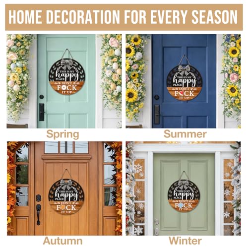 Interchangeable Seasonal Happy Place Hanging Sign - Farmhouse Backyard Door Decoration for Spring All Seasons Holidays - Rustic Round Wood Wreaths with 12 Icons(Orange) - color: HAPPYorange