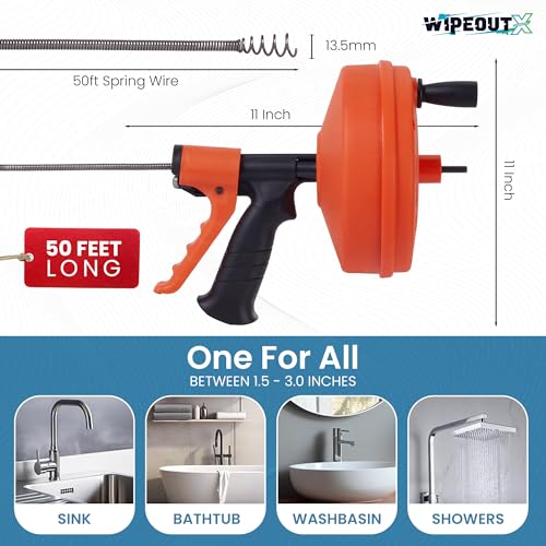 50ft drain auger with Drill Attachment Kit Includes drain snake Gloves Glasses Brushes Plastic Drainers and Bag for Quick Clog Removal