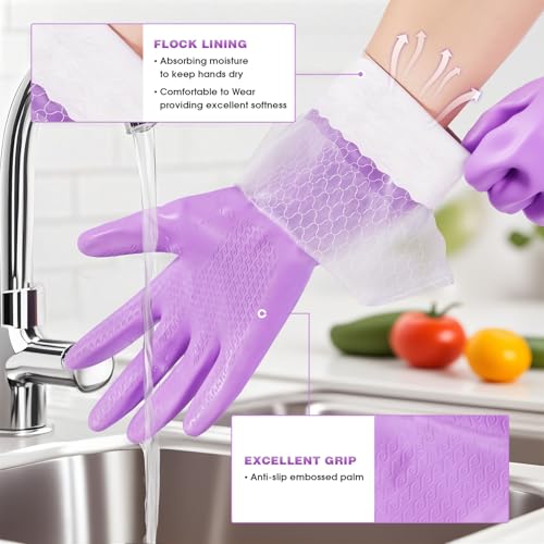 Elgood Reusable Long Dishwashing Cleaning Gloves with Latex Free, Long Cuff,Cotton Lining,Kitchen Gloves 2 Pairs,Purple+Blue Medium - color: Long Cuff-purple+blue, size: Medium (Pack of 2)
