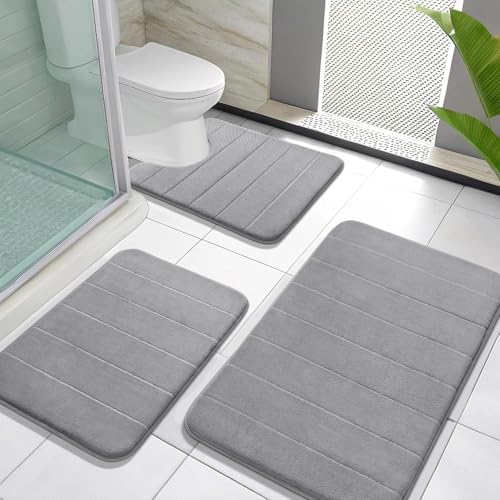 Yimobra Memory Foam Bath Mat Set 3 Pieces- Super Soft Absorbent Quick Dry Bathroom Rug Sets, Machine Washable Non Slip Floor Carpet for Tub Shower, Vanity & Toilet Base, Gray - color: Grey, size: 31.5''x20'' +17''x24'' + 24''x20''