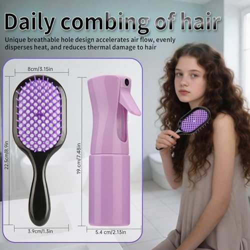 Detangling Brush,1 Pack Detangler Brush and 1 Pcs water spray bottle, Gentle & Effective Detangling on Wet or Dry Fragile Hair Types,Ultra-light, Detangling Brsuh ventilated and antistatic hairbrush - color: Lavender Purple