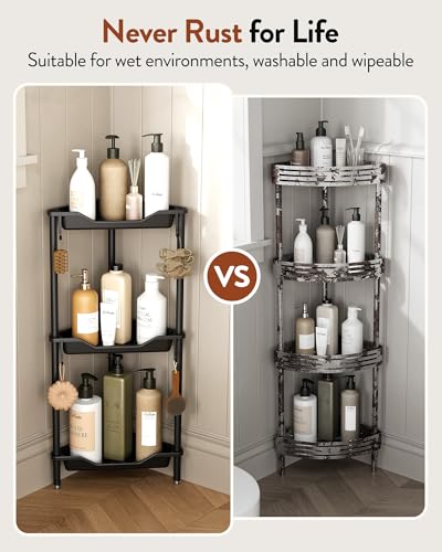 Orimade Rustproof 3 Tier Floor Standing Corner Shower Caddy Organizer, Plastic Aluminum Splicing Floor Corner Shelf Rack Stands for Bathroom, Black - color: Black, size: 3 Tier