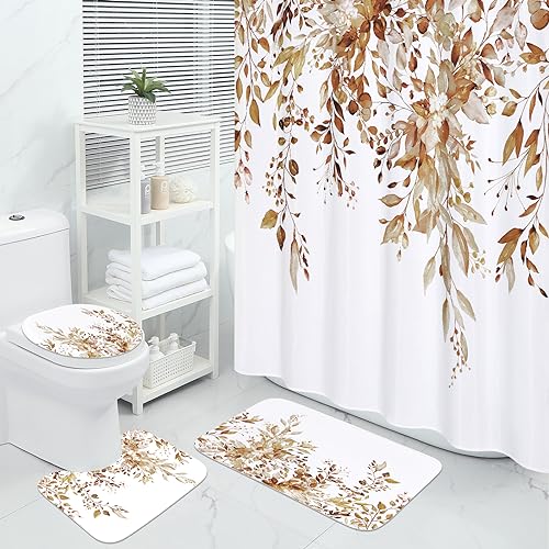 MitoVilla 4 Pcs Brown Plant Leaves Bathroom Sets with Shower Curtain and Rugs, Rustic Floral Shower Curtain Sets with Rugs for Bathroom Decor, Bathroom Decor Curtain Sets with Mats and Accessories - color: Brown