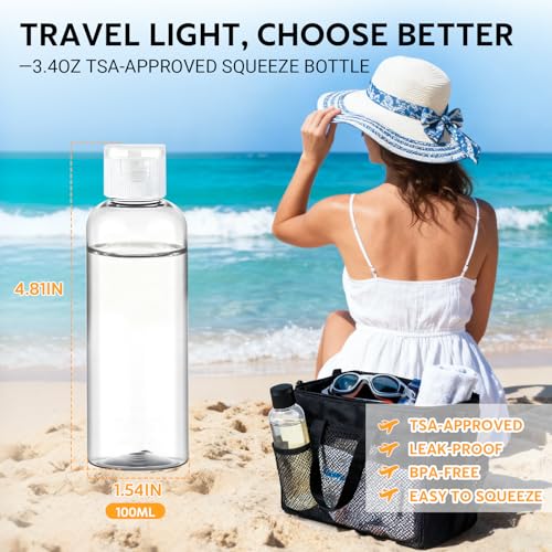 5 Pack 3.4 oz Travel Bottles for Toiletries, TSA Approved Leak Proof Refillable Travel Size Containers, Clear Plastic Shampoo Bottles for Lotion Conditioner - color: Clear cap