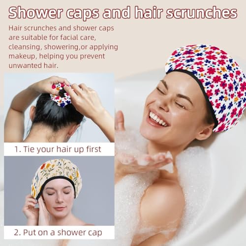 2 Packs Floral Pattern Shower Caps, Waterproof Reusable Bath Caps for Women, Large Shower Hat with Hair Ties Set for Long Thick Hair