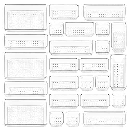 Vtopmart 25 PCS Clear Plastic Drawer Organizers Set, 4-Size Versatile Bathroom and Vanity Drawer Organizer Trays, Storage Bins for Makeup, Bedroom, Kitchen Gadgets Utensils and Office - color: Clear