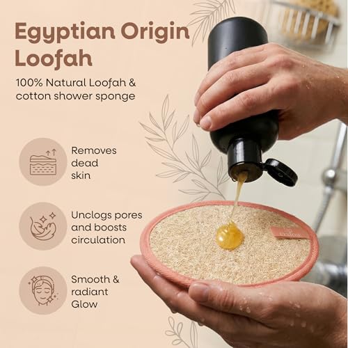 L'Exfose Organic Natural Loofah Body Scrubber for Shower – Dual Sided Egyptian Fiber Plastic Free Loofah – Quick Dry Natural Body Scrubber with Sisal Soap Saver Bag – Minimal Spa Gift for Men Women - color: Black & Salmon