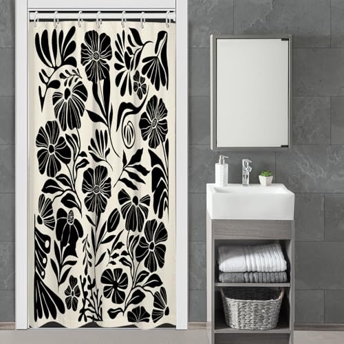 Black Floral Shower Curtain Stall Small Half Single Mini Boho Flower Farmhouse Vintage Gothic Abstarct Retro Funky Botanical Moody Fabric Cloth Bathroom Decor Set 36x72 inch Polyester 7 Hooks - color: Black, size: 36"W x 72"L (Pack of 1)