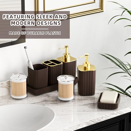 XLHOMO 26PC Bathroom Accessories Set - Gorgeous Brown Bathroom Set, Bathroom Accessory Set, Shower Curtain Set with Bathtub Mats for Shower Tub, Trash Can & Soap Dispenser - size: Bath Set+Bathtub Mat+Shower Curtain&Rugs, style: Brown&Gold