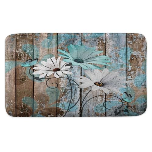 Farmhouse Floral Flower Bath Mat, Teal Daisy Rustic Wooden Plank Country Barn Wood Turquoise Blue Non-Slip Flannel Soft Doormat Floor Entryways Outdoor Indoor Front Door Mat, 19x31 - color: Teal-01, size: 1'7" x 2'7" (Rectangular)