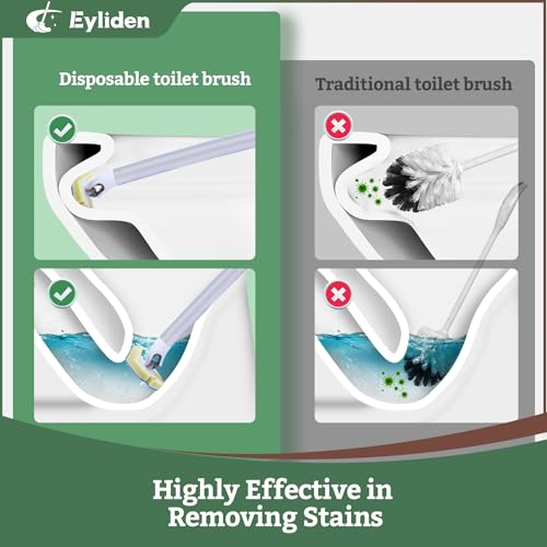 Eyliden Disposable Toilet Brush with Holder, 40-Refill Touch-Free Wand Kit | Pre-Soaked Concentrated Cleaner Sponge, Auto-open Caddy, 19.5" Aluminum Handle, 42 Set Toilet Bowl Cleaing, for Bathroom/RV