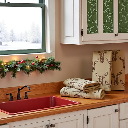 2 Pack Christmas Reindeer Hand Towels 100% Cotton Jacquard Holiday Kitchen Dish Towels Retro Neutral Brown Bathroom Towels Set Gift Seasonal Xmas Winter Bathroom Decor(Brown Reindeer) - color: Brown Reindeer