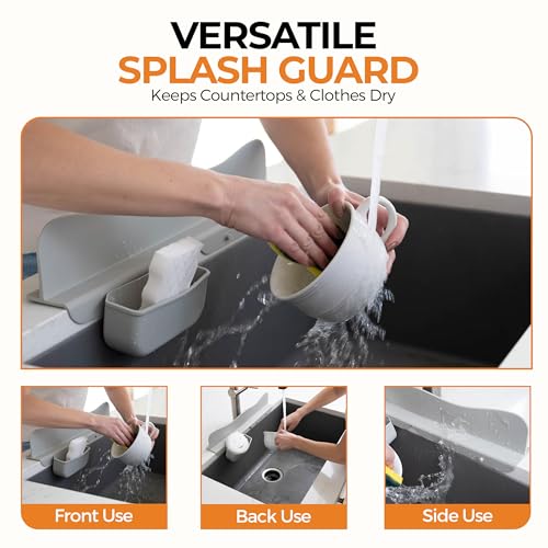 Silicone Sink Splash Guard with Sponge Holder -19.5" x 4.5" x 2.5",- Strong Suction - Sink Edge Protectors for Kitchen Sink - Kitchen Sink Splash Guard - Gray