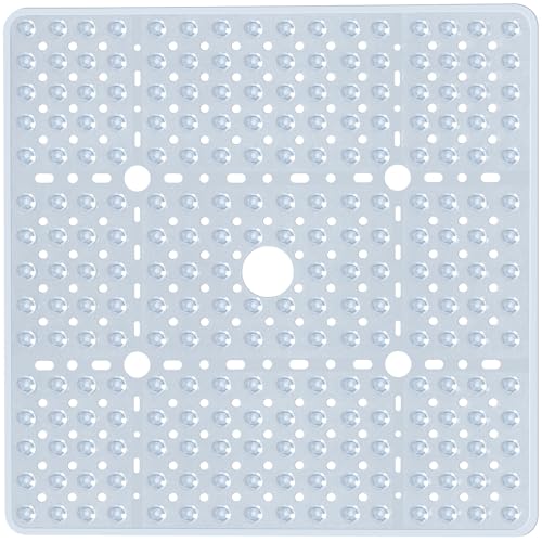 Large Square Shower Mat 27 x 27 Inch Clear, Non Slip Shower Bathtub Mats for Inside Shower With Big Suction Cups Drain Holes, Anti Slip Bathroom Floor Shower Stall Mats, Easy Clean, BPA-Free - color: Clear