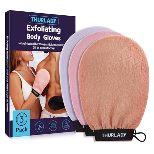 Exfoliating Glove, Korean Exfoliating Mitt, Body Scrub, 3ct | Viscose Fiber Bath Scrubber for Deep Exfoliation, Removes Dead Skin & Preps Skin for Self-Tanning, Leaving Skin Smooth - color: Purple Pink Peach
