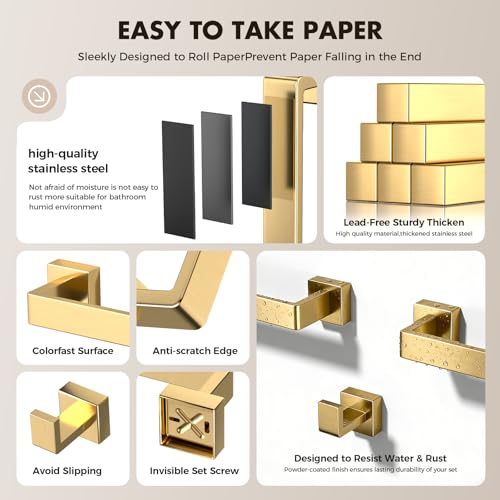 Bathroom Accessory Towel Bar Set: 5 Pieces Gold Bathroom Hardware Square SUS304 Stainless Steel - 24 Inch Wall Mounted Towel Rack&Toilet Paper Holder&Towel Ring and Towel Hook - color: Gold, size: 24inch 5 Pieces