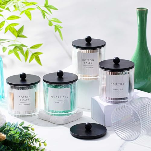 Yaomiao 6 Pcs Ribbed Bathroom Canisters Apothecary Jars with Black Bamboo Lids and Label Stickers, 18 oz Plastic Canister with Fluted Design for Cotton Ball, Swab, Floss Picks House Storage - color: Black