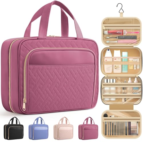HOTOR Hanging Travel Toiletry Bag Women Men, Rosewood-Pink, Large | Waterproof Makeup Bag Hanging Hook,Multiple Pockets,Travel Essentials,12.6 x 4.3 x 9.9inches - color: Rosewood-Pink, size: Large