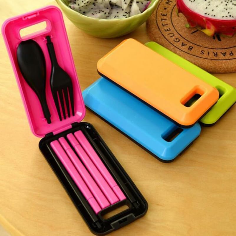 Unomor Portable Folding Tableware Set with Case 3-Piece Plastic Cutlery Set with Chopsticks Fork and Spoon Lightweight Travel Cutlery for Camping Outdoor Dining Lunch 4.72 X 2.36 X 0.90 in