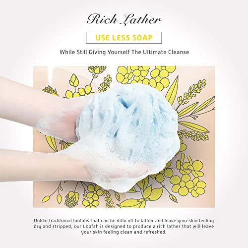 Spongentle Shower Loofah Bath Sponge, Body Scrubber with Soft Mesh, Exfoliating Bath Pouf and Body Wash Sponge for Women and Men, Bath Accessories Cleaning Tool, Large 70g 3 Pack - style: Coastal Beige & Blue