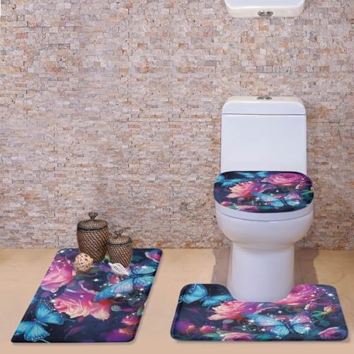 Butterfly Rose Bathroom Rugs Sets 3 Piece Toilet Seat Cover and Rug Set Toilet Lid Protector Set Bathroom Toilet Seat Covers 3 Piece Bathroom Rug Set Toilet Seat Cover Set for Home - color: Butterfly Rose