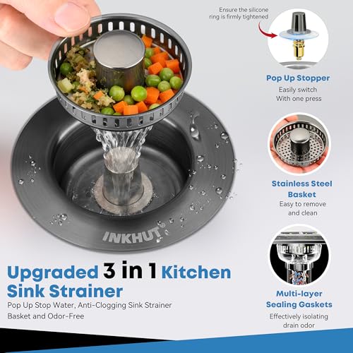 Upgraded 3 in 1 Kitchen Sink Drain Strainer - Stainless Steel Sink Stopper, Anti-Clogging Food Catcher Basket, Sink Bounce Core Drain Strainer Plug for US Standard 3 1/2 inch Drain (Dark Grey) - color: Dark Grey