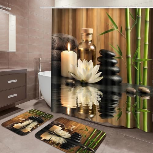 ArtSocket Green Bathroom Set with Shower Curtain and Rugs and Accessories, Bamboo Stones spa Oil Shower Curtain Set, Modern Zen Bathroom Decor 3 Pcs - color: Modern 1