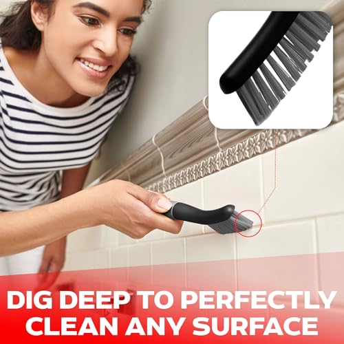 Scrub Brush Set of 6 pcs - Cleaning Shower Scrubbers with Squeegee for Shower Glass and Adhesive Wall Hooks Including Grout Cleaner Brush, Scrub Brushes for Cleaning Bathroom, Shower, Tile, Bathtub - color: Black, Set of 6